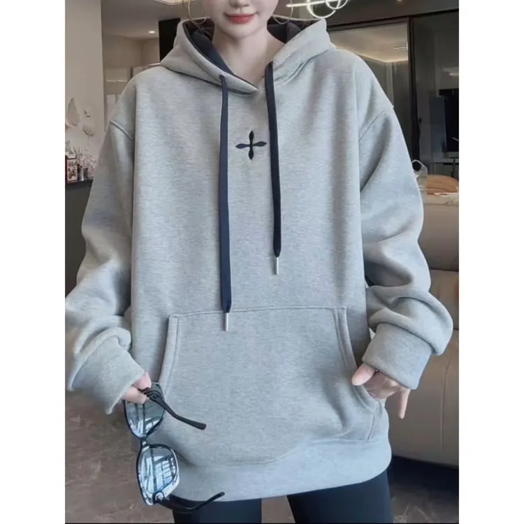 慵懒风撞色刺绣宽松口袋连帽卫衣女时尚潮流百搭显瘦加绒秋冬上衣