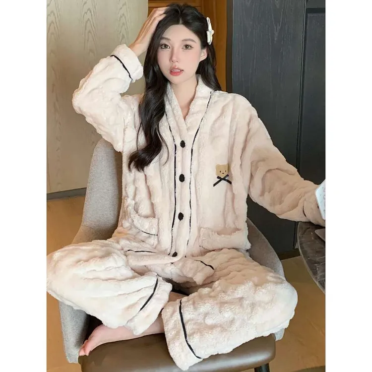 法兰绒睡衣女秋冬季宽松大码套装加绒加厚青加高中大码加绒睡衣