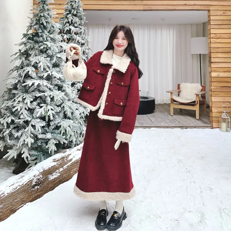 法式复古千金风羊羔毛拼接套装2025冬新款氛围感轻奢ins风两件套