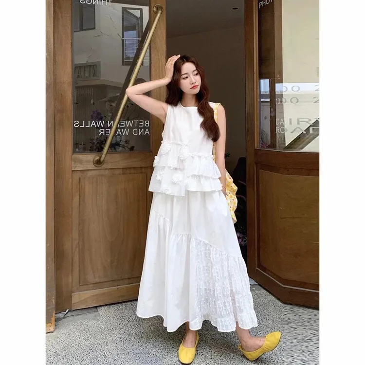 Y118833-G2026年夏女装圆领白色玫瑰花语上衣半身裙两件套Y