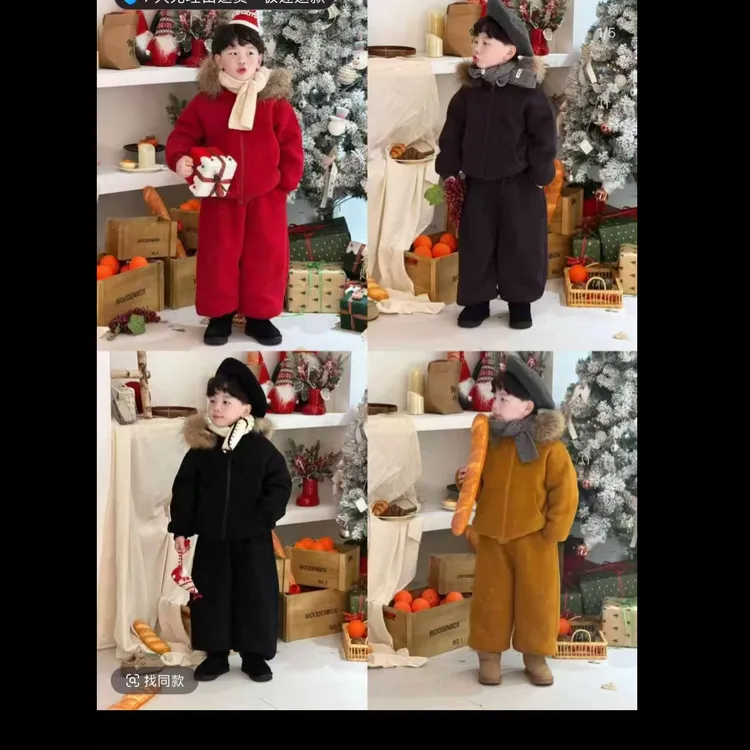 男童女童秋冬新款连帽卫衣套装宝宝加绒韩版新年拜年服两件套