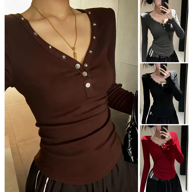 2025秋冬新款打底衫女V领铆钉设计感长袖T恤修身显瘦百搭上衣7129