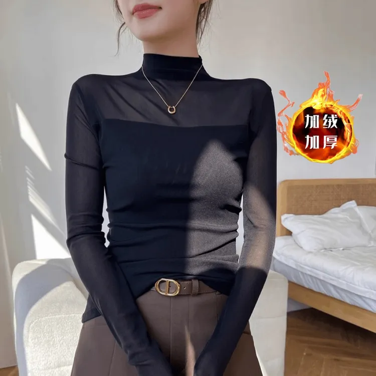 半高领网纱黑色打底衫女士高端长袖T恤2025新款薄款上衣高级感