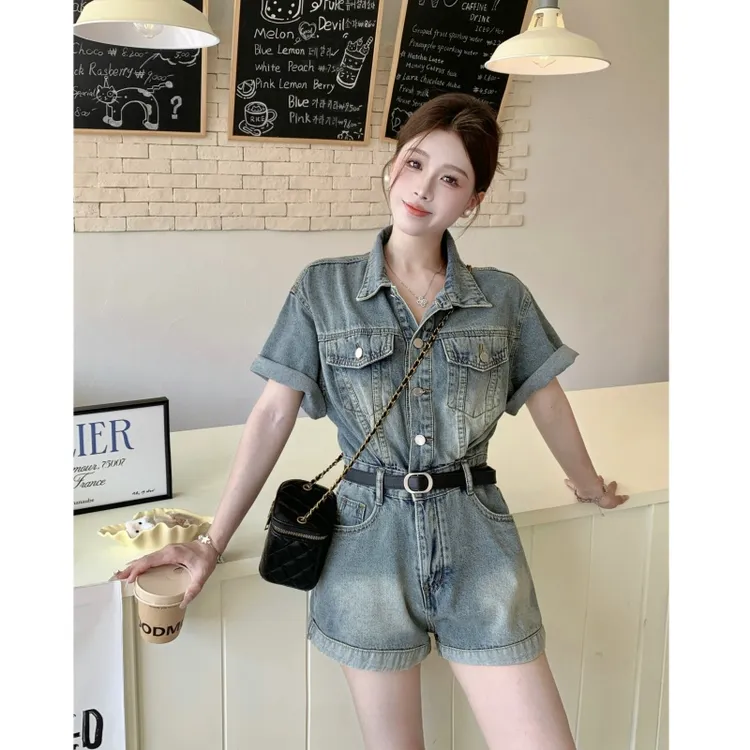 百搭复古牛仔短袖女夏季新款气质水洗宽松连体裤时尚休闲0040显瘦