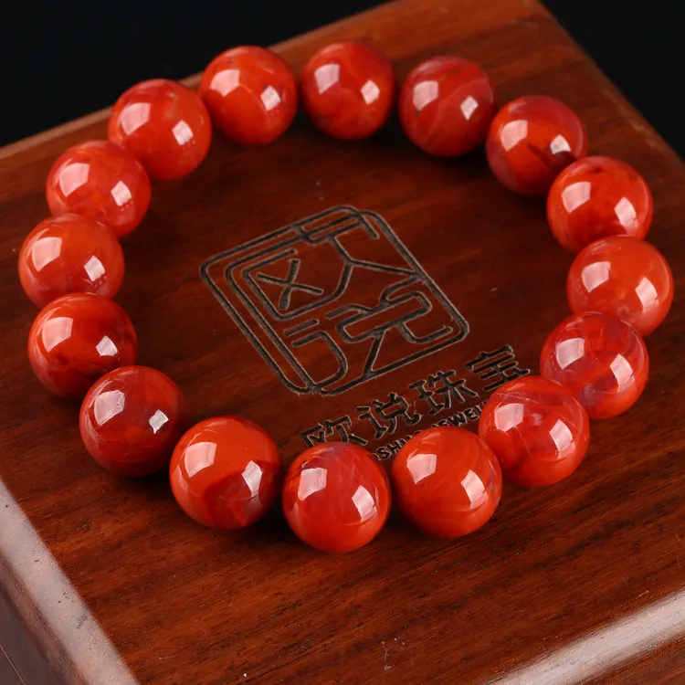 欧说珠宝原矿火焰纹满色满肉南红玛瑙手串款圆珠手链男女南红手串
