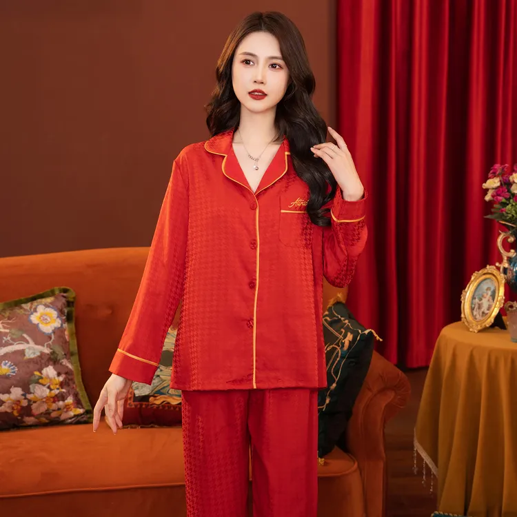 达芬奇密码情侣款红色简约千鸟格提花结婚本命年家居服睡衣套装春