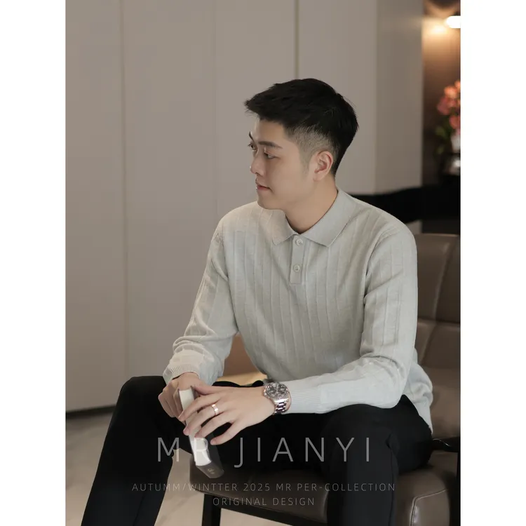MR JIANYI 秋季「绵柔骨感」竖纹肌理针织POLO衫商务休闲翻领毛衣男