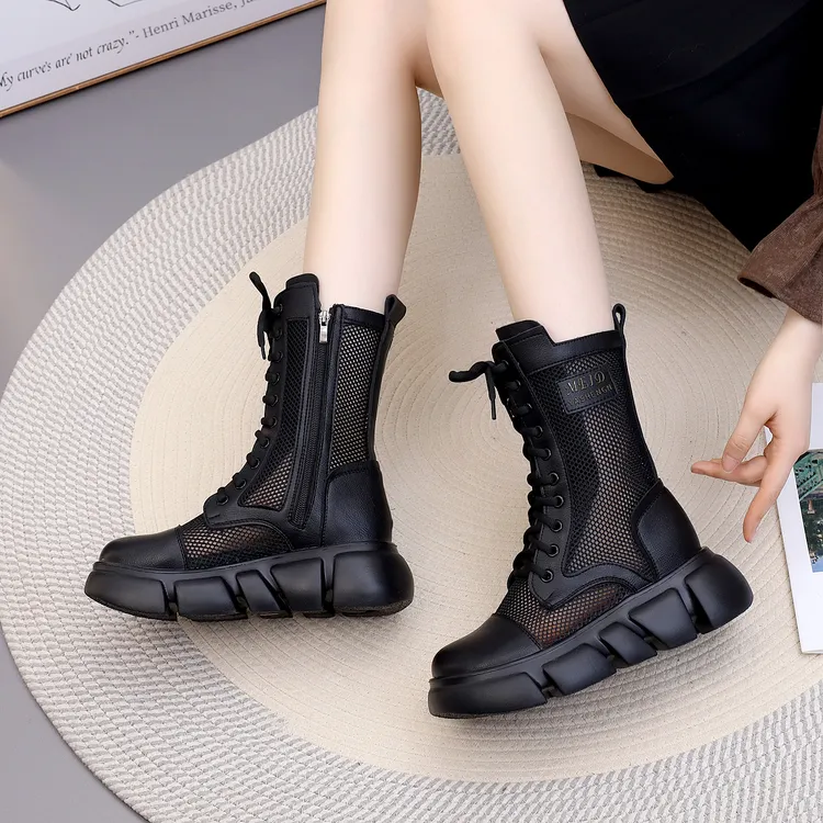 真皮厚底镂空透气马丁靴女2025年夏新款百搭网纱平底短靴中筒凉靴