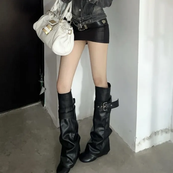 长筒皮靴皮扣设计女靴两穿裤管靴时髦时装靴