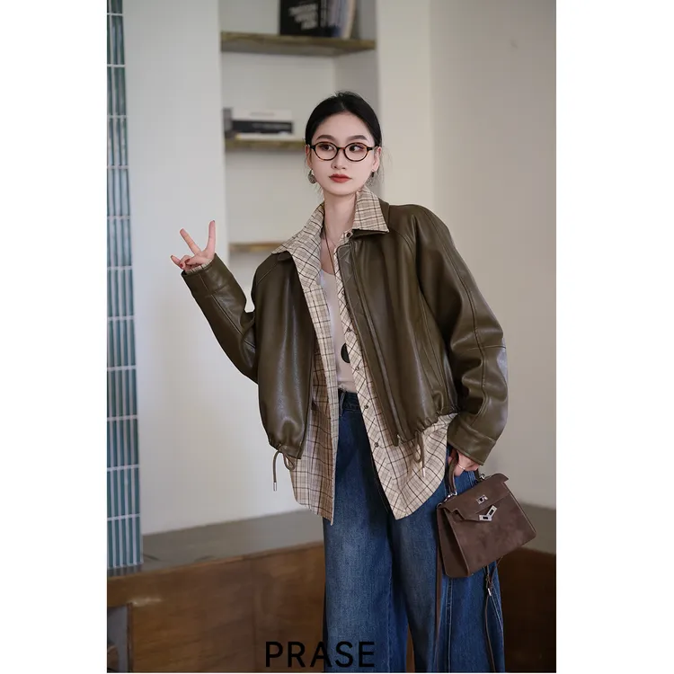 PRASE·噜【时髦玩家】微胖轻奢设计款秋短款气质皮衣外套PR507B122