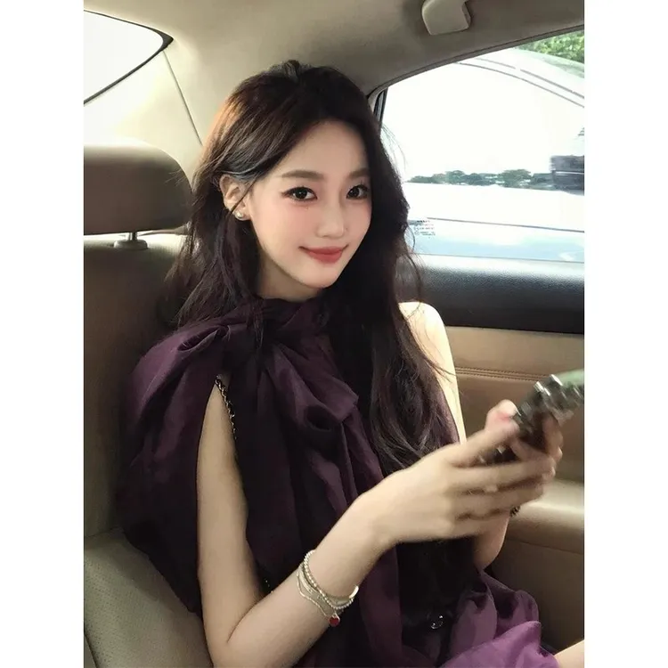 气质雪纺上衣今年流行漂亮小衫独特轻奢高级感紫色挂脖衬衫女夏款