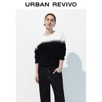 UR2025秋季新款女装潮流撞色毛绒圆领短款针织衫UWJ950082