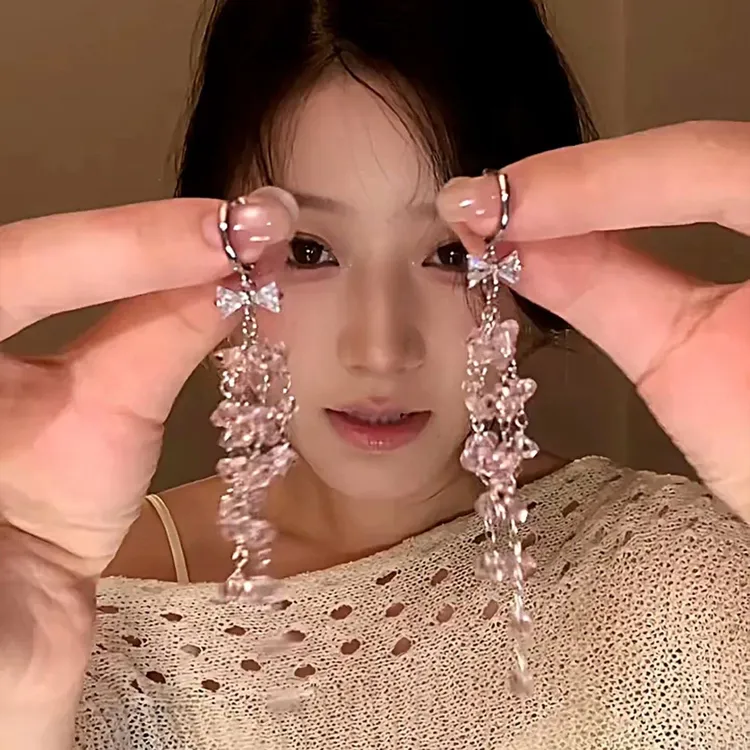 「粉雾轻舞」爆闪蝴蝶结锆石粉色流苏耳扣精致甜美气质长款耳钉女商品图