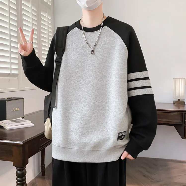春秋季男生美式新款宽松百搭休闲上衣圆领卫衣潮流条纹拼色打底衫
