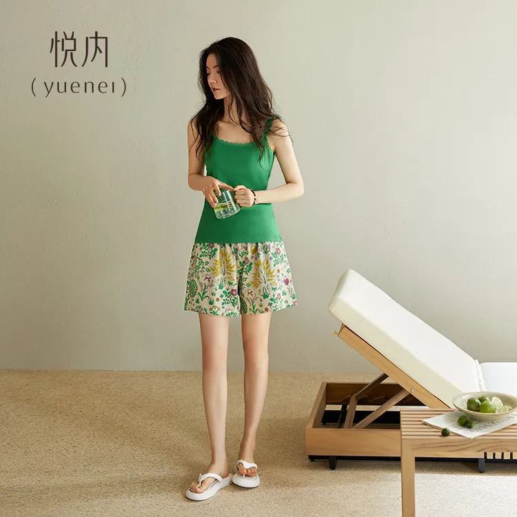 悦内带胸垫睡衣女款夏季夏天纯棉吊带背心短裤家居服时尚休闲套装