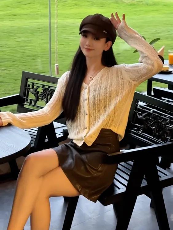 韩系chic高级感慵懒风别致米白色针织开衫T恤咖色半身裙套装女秋