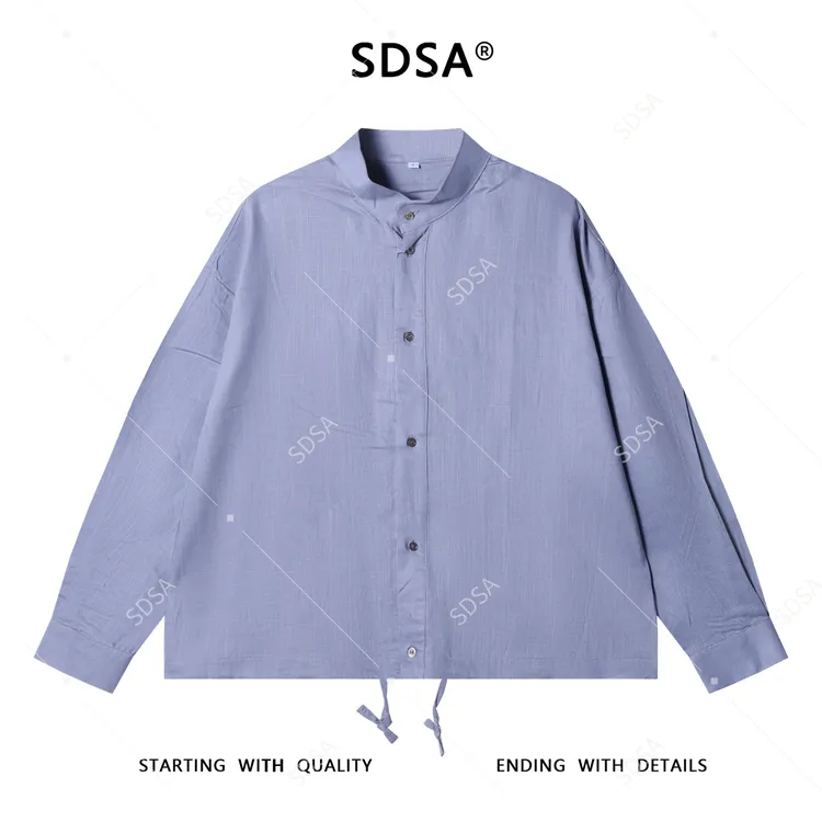SDSA男士秋冬新款痞帅男装老钱风纯色纽扣半高领拉绳长袖衬衫时尚