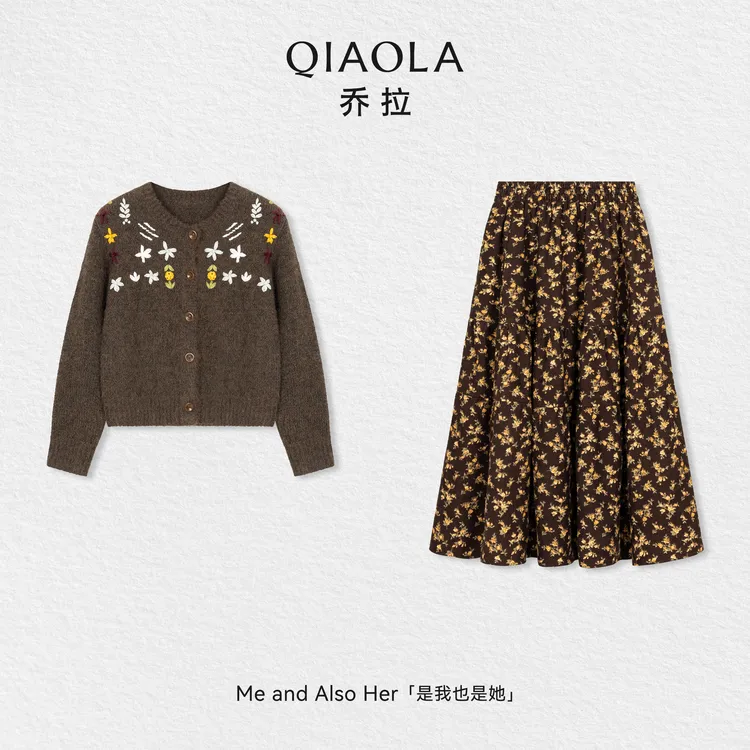 QIAOLA/乔拉【烂漫山野】秋冬绵羊毛刺绣圆领上衣灯芯绒印花长裙