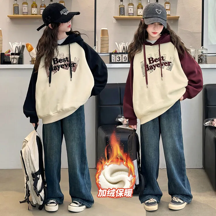 女童秋冬装加绒字母连帽卫衣套装2025新款中大童洋气牛仔裤两件套