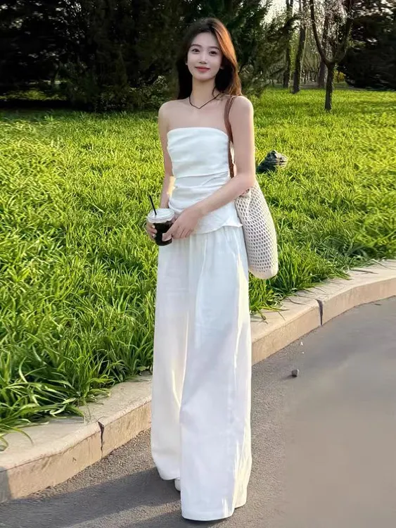 新款爆款夏季法式气质时尚抹胸上衣搭配高腰宽松阔腿裤套装