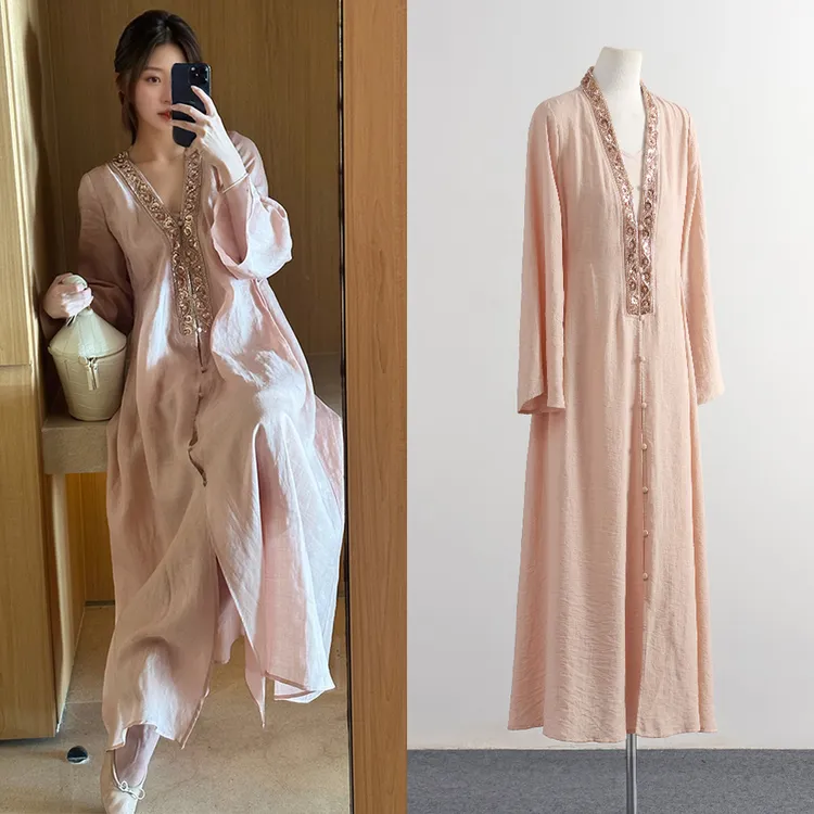 Miss Judy【现货配吊带】新中式国风裸粉色长袖V领苎麻连衣裙气质女