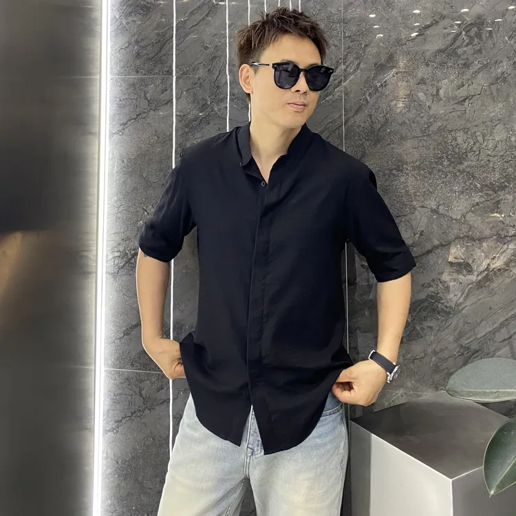 夏季轻薄透气立领暗扣修身五分袖中袖衬衣雅痞痞帅高级感短袖衬衫