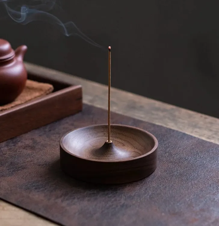 北美黑胡桃木实木线香家用线香插手工茶道圆形香炉香底座沉香盘托