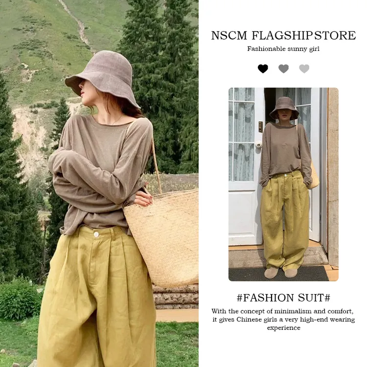NSCM秋季新款女生韩系ins衣服宽松扭结露背休闲长袖T恤阔腿裤套装