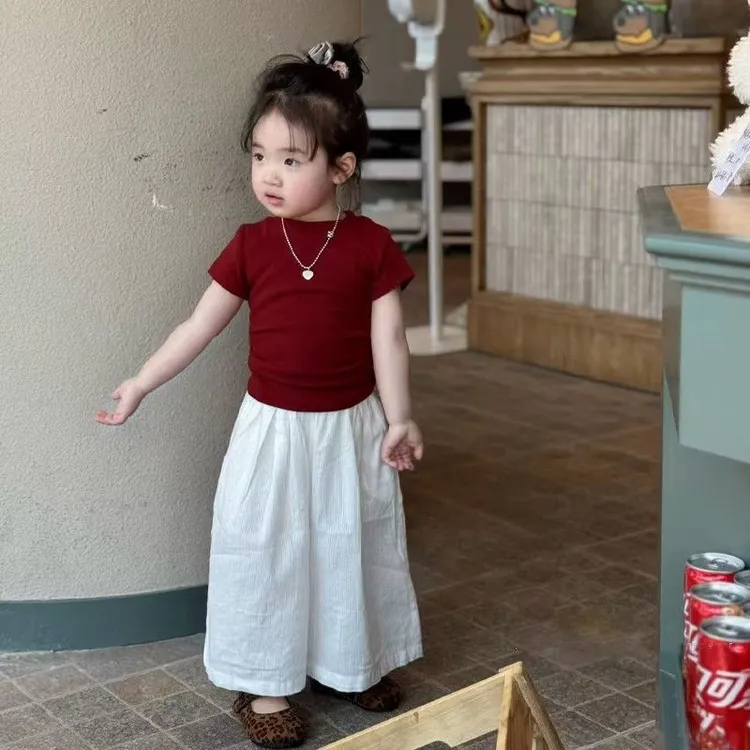 女童小女孩韩版中大童短袖套装夏装新款宝宝洋气T恤白色阔腿长裤