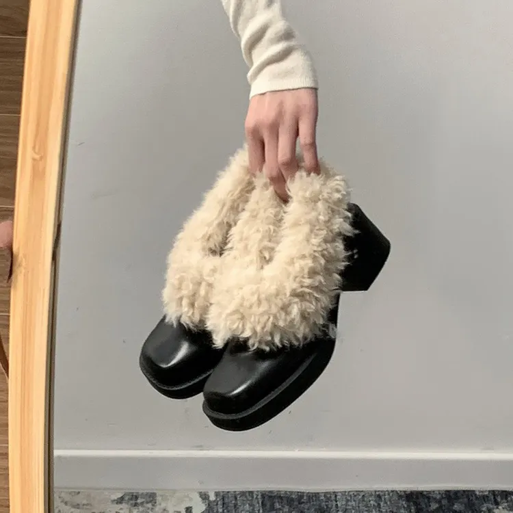 黑色粗跟小皮鞋女2024新款秋冬加绒保暖毛毛鞋玛丽珍一脚蹬高跟鞋