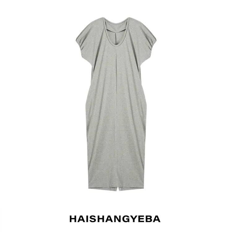 【海上叶爸】新款2025夏季百搭棉圆领套头宽松休闲长款连衣裙