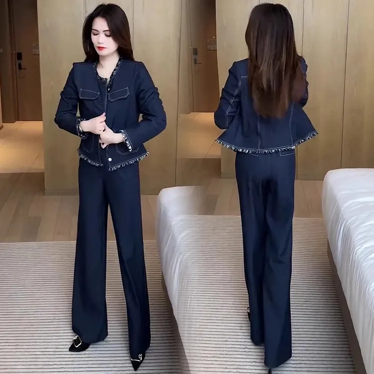 时尚休闲套装女2025春季新款洋气减龄毛边牛仔短外套阔腿裤两件套