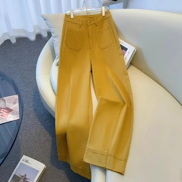 La babite黄色牛仔阔腿裤女2025春季新款显瘦高腰休闲窄版直筒裤