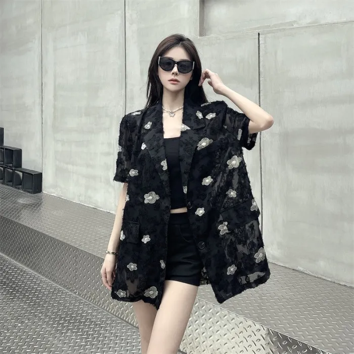 网红款设计感小众重工刺绣花朵西装短袖外套轻薄透视网纱宽松西服