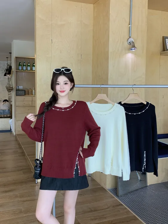 2025秋季新款胖mm大码慵懒风毛衣女设计感钉珠开叉针织上衣68715