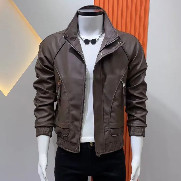秋冬男士皮夹克简约大气高级时尚休闲百搭加绒皮衣帅气立领修身褂