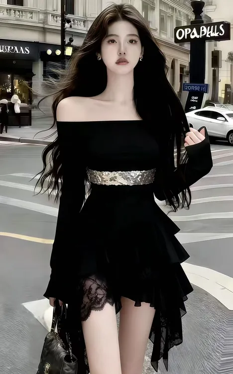 2026春季新款优雅轻熟风黑色一字肩露肩抹胸长袖高腰亮片连衣裙