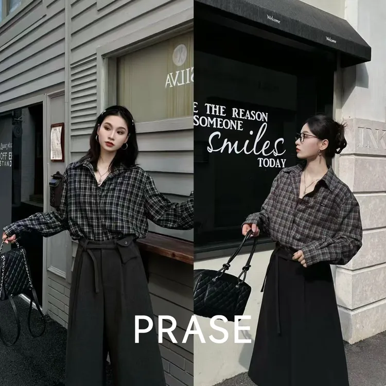 PRASE·噜【格子物语】微胖时髦复古磨毛短夹克式翻领衬衫女PR511C37