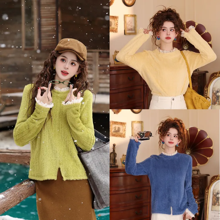 陈大器【苔衣侵石】港风复古蕾丝毛绒百搭秋冬T恤打底上衣JH5749334