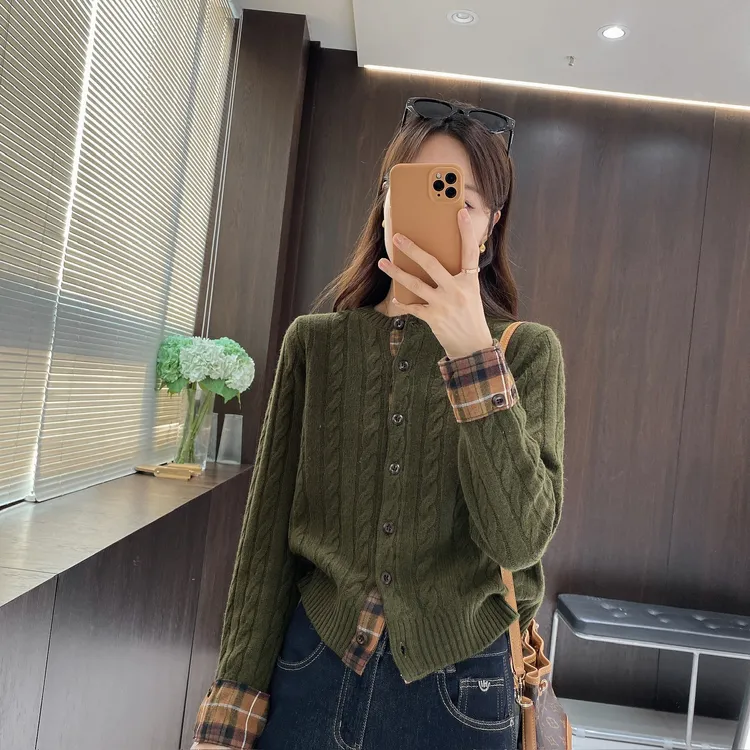 IMFLY金小金自制女装 羊毛衫DYW9910秋季格子假两件拼接针织开衫