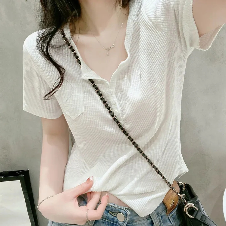 修身v领短袖T恤女夏季新款正肩韩版设计感小众休闲显