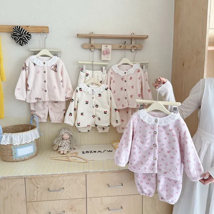 儿童家居服套装男童女宝宝冬季雪粒绒开衫加绒加厚保暖睡衣ty