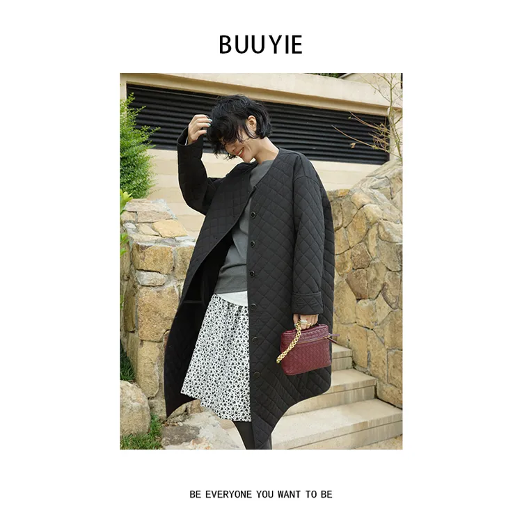 BUUYIE 25SS【凝纱】设计感菱格秋冬外套女宽松中长款 250970