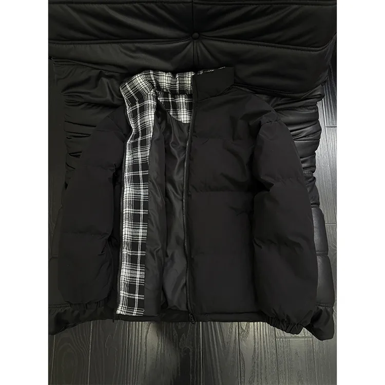 黑色格子拼接短款棉服男冬季cleanfit加厚棉衣外套美式立领面包服