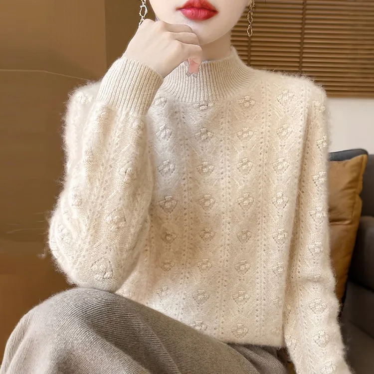 半高领100纯羊毛衫女士秋冬新款纯色加厚百搭毛衣宽松羊绒打底衫