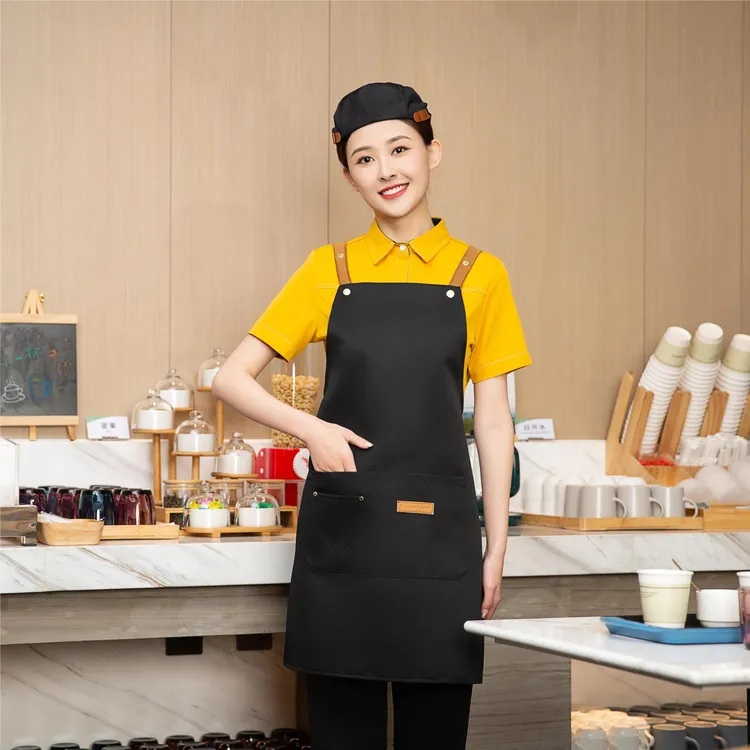 四扣调节工作服休闲风薄款防水防油围裙奶茶服务员LOGO定制