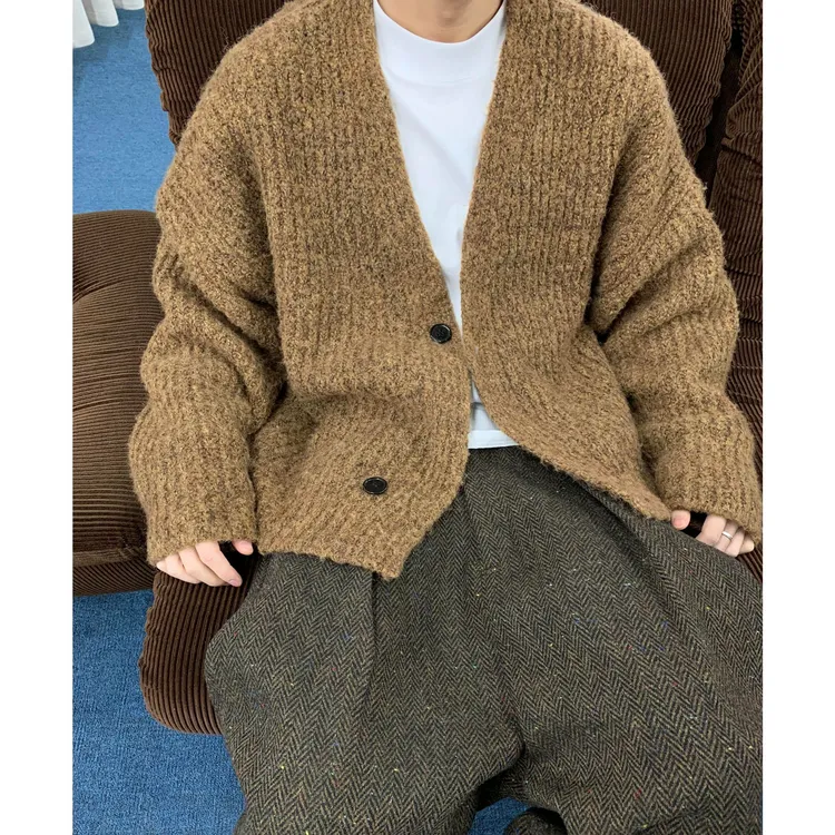 QIUYIDAODI秋冬复古宽松重磅混色短宽粗线针织开衫毛衣外套男INS