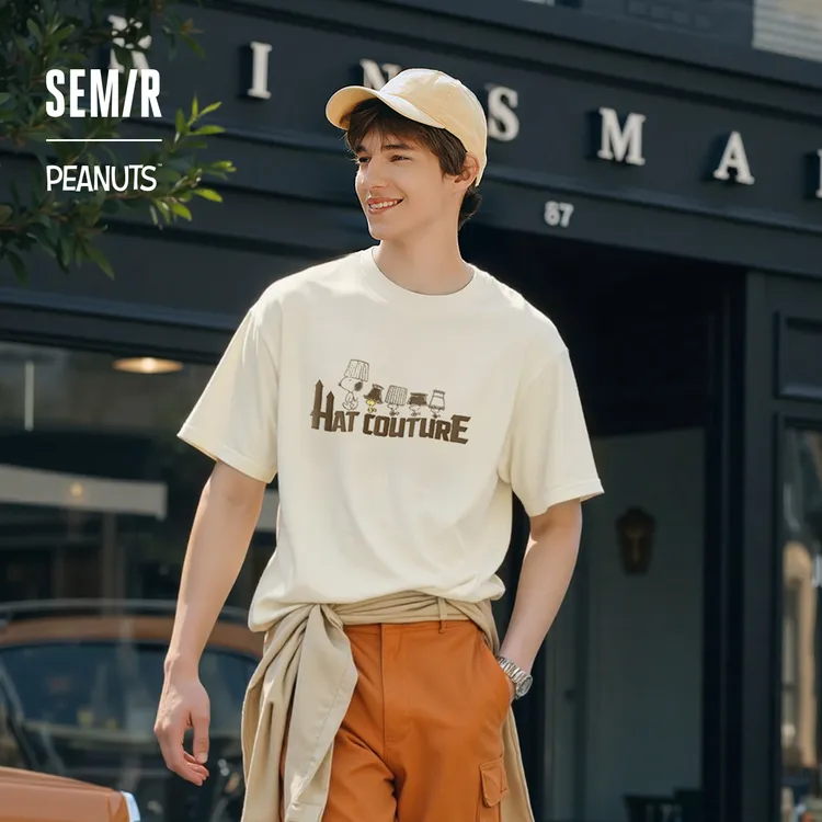 史努比系列森马短袖T恤情侣装做旧复古秋季印花上衣中性款宽松潮