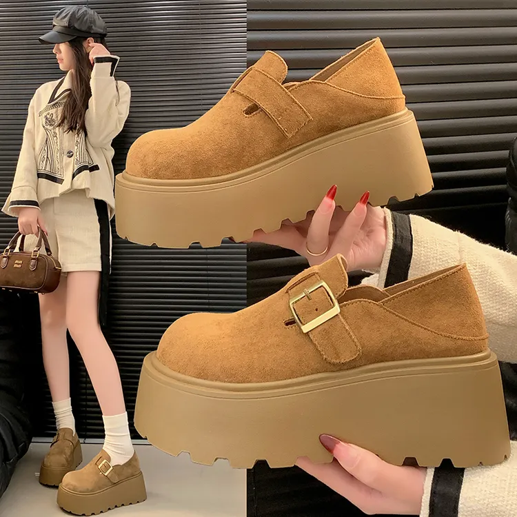 增高7CM 单里 2025春秋新款复古一脚蹬乐福鞋增高两穿博肯单鞋女