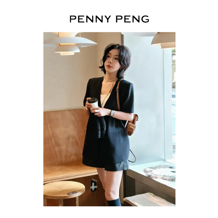 PENNYPENG精英律师夏季新款两色气质千金轻奢设计感V领西装外套